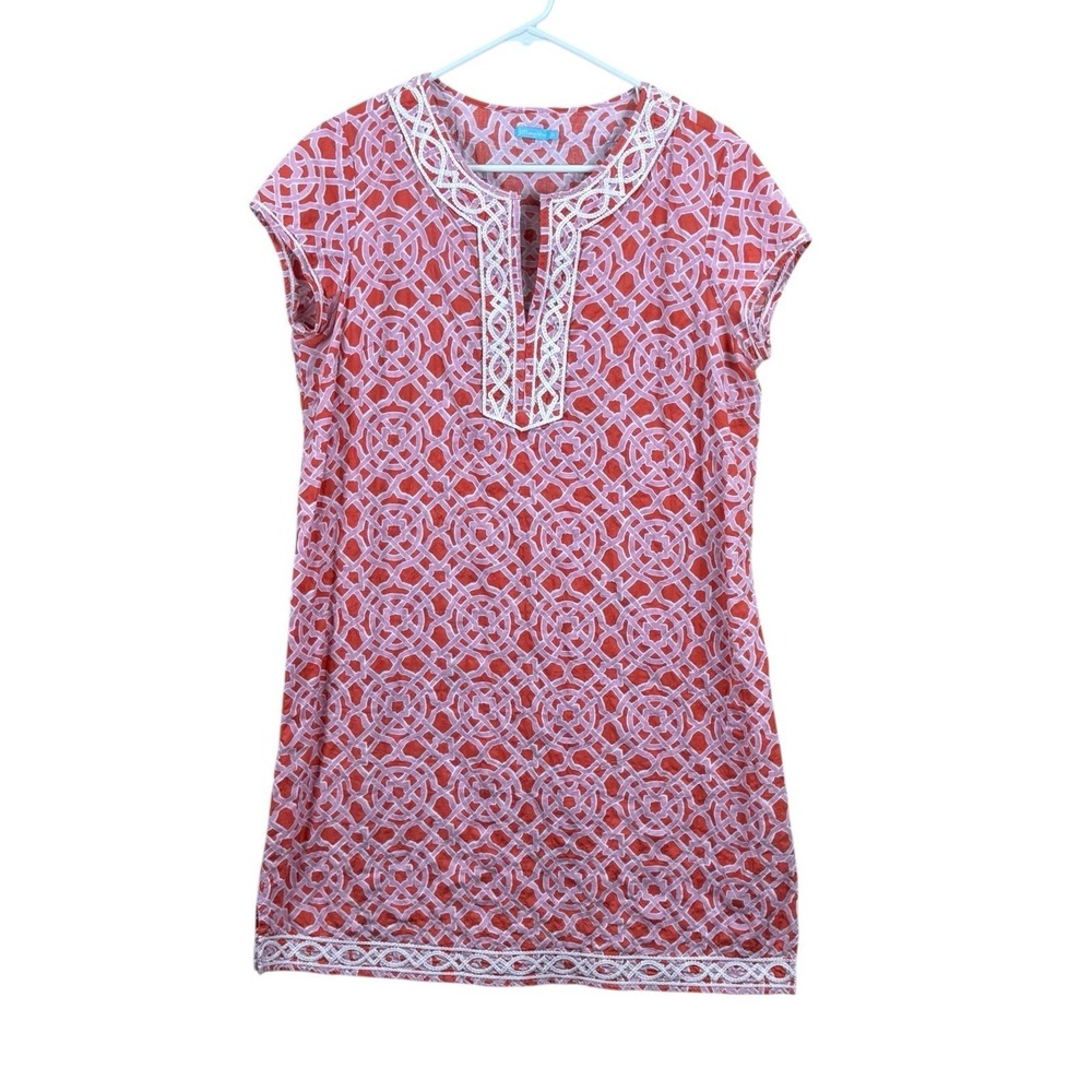 J. McLaughlin Orange Pink White Print Tunic Dress Size Medium 100% Cotton